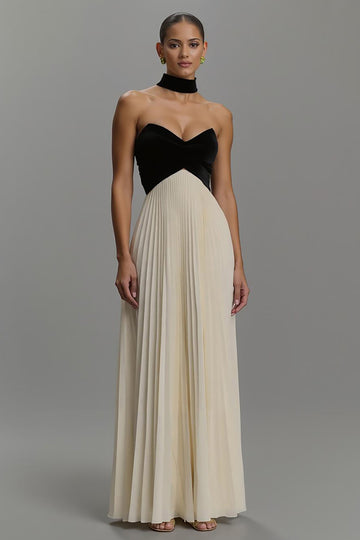 Black and Ivory A Line Chiffon Pleated Long Formal Dress